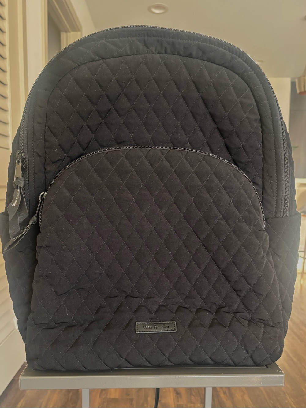 Vera Bradley Large Black Quilted Backpack With Rose Print Lining
